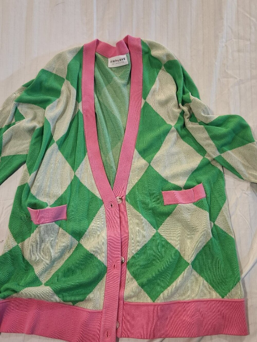 First Love by Lovelyn Harlequin Diamond Cardigan Green Pink Viscose M